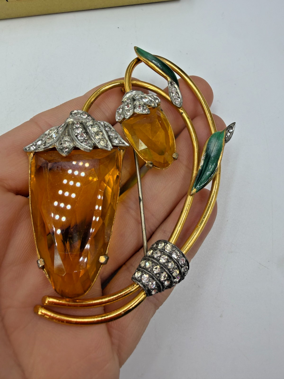 Vintage Brooch Estate Flower Lantern Simulated Citrine Rare Large Unsigned LX