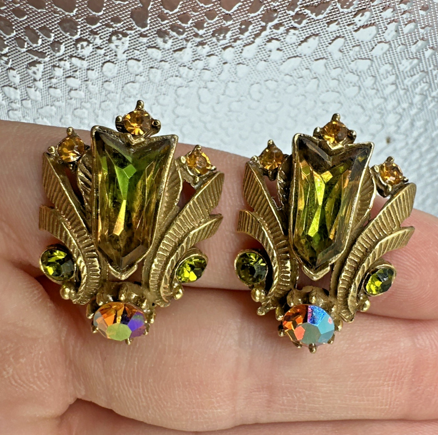 Vintage Florenza Aurora Borealis Earrings Gold Clip AB Rhinestone Art Glass