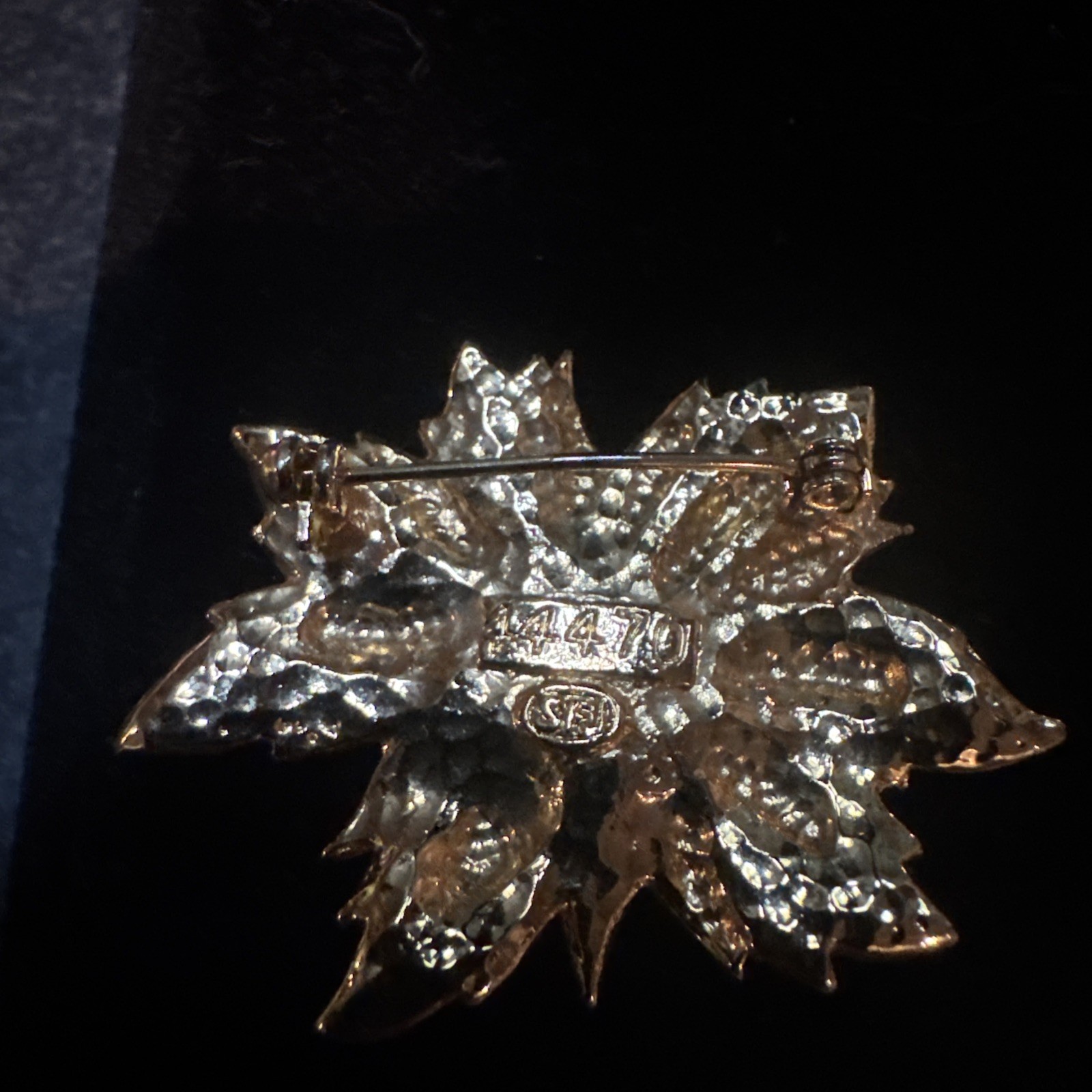 Signed SFJ Blooming Waterlily Flower Brooch Metal alloy, rhinestones Excellent