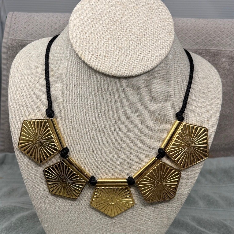 Vintage Yves Saint Laurent YSL Red Gold Pentagonal Statement Cord Necklace