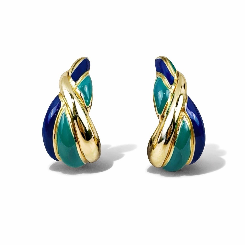 Vintage TRIFARI Gold & Green Earrings Pierced Huggies Style 1”