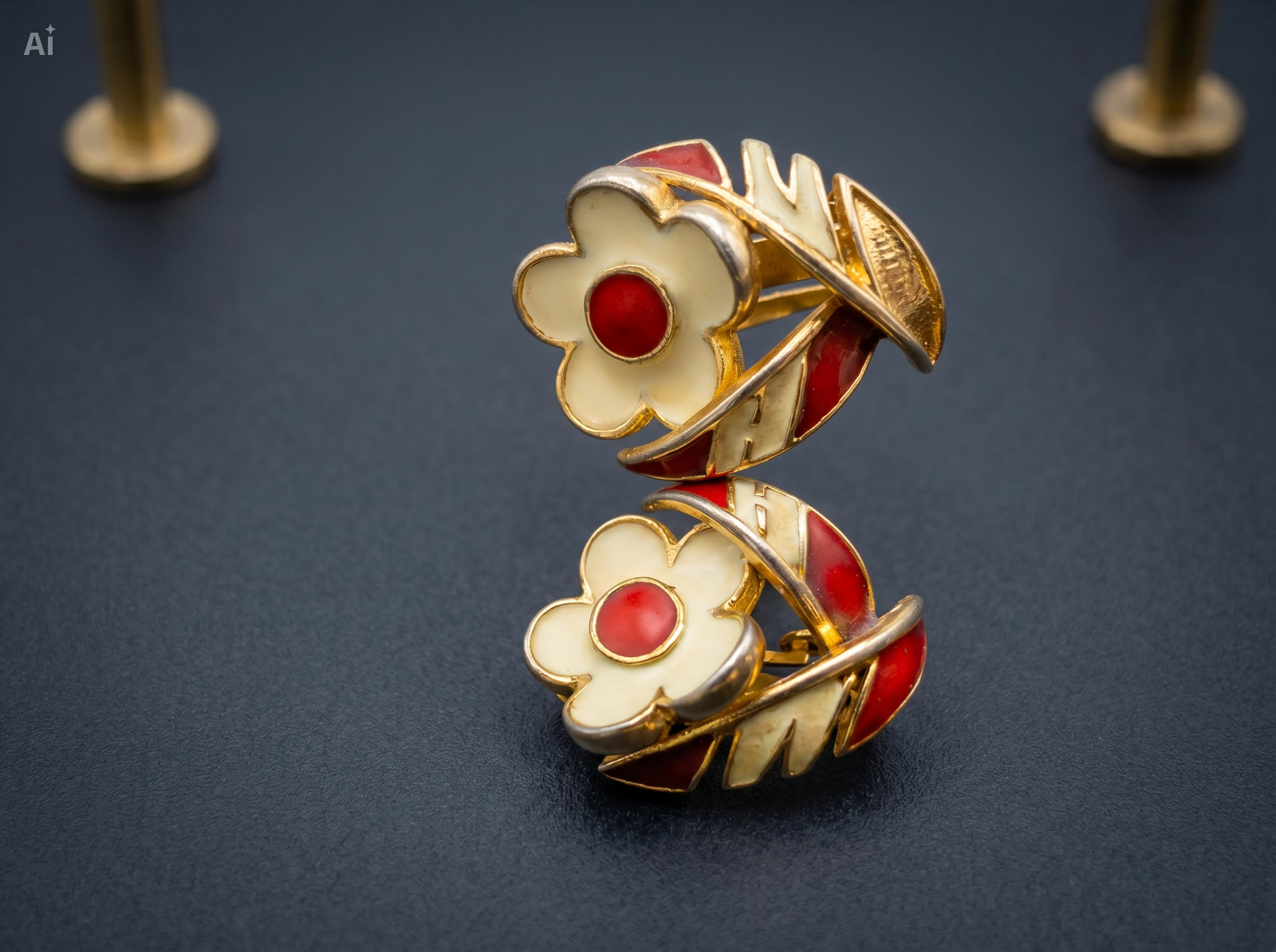 Vintage Orena Paris Enamel Flower Clip On Earrings Gold Tone Cream Red French