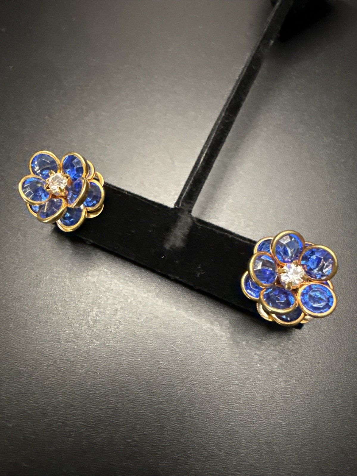 VTG Earrings BEZEL Blue Glass ~ CRYSTAL CLUSTER Pierced ~ Elegant Gift For Her