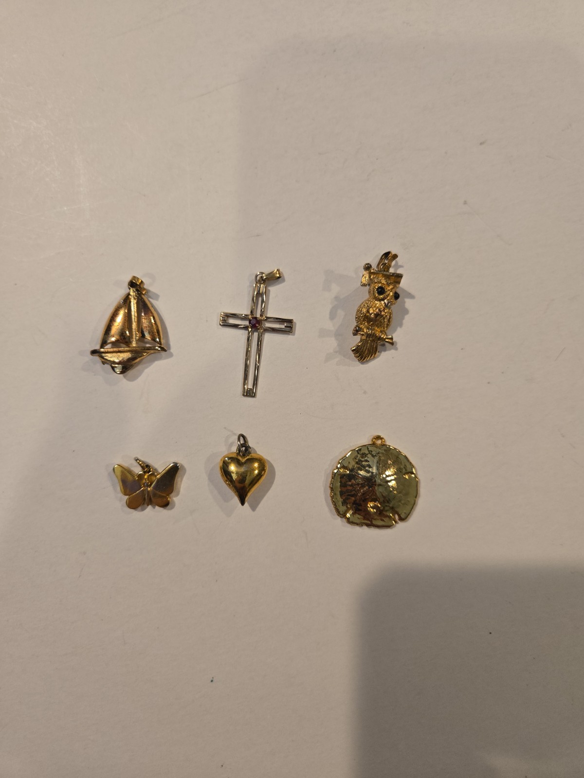 Lot of 6 Vintage Pendants/Charms-Heart,Sand Dollar,Owl, Butterfly, Boat, & Cross
