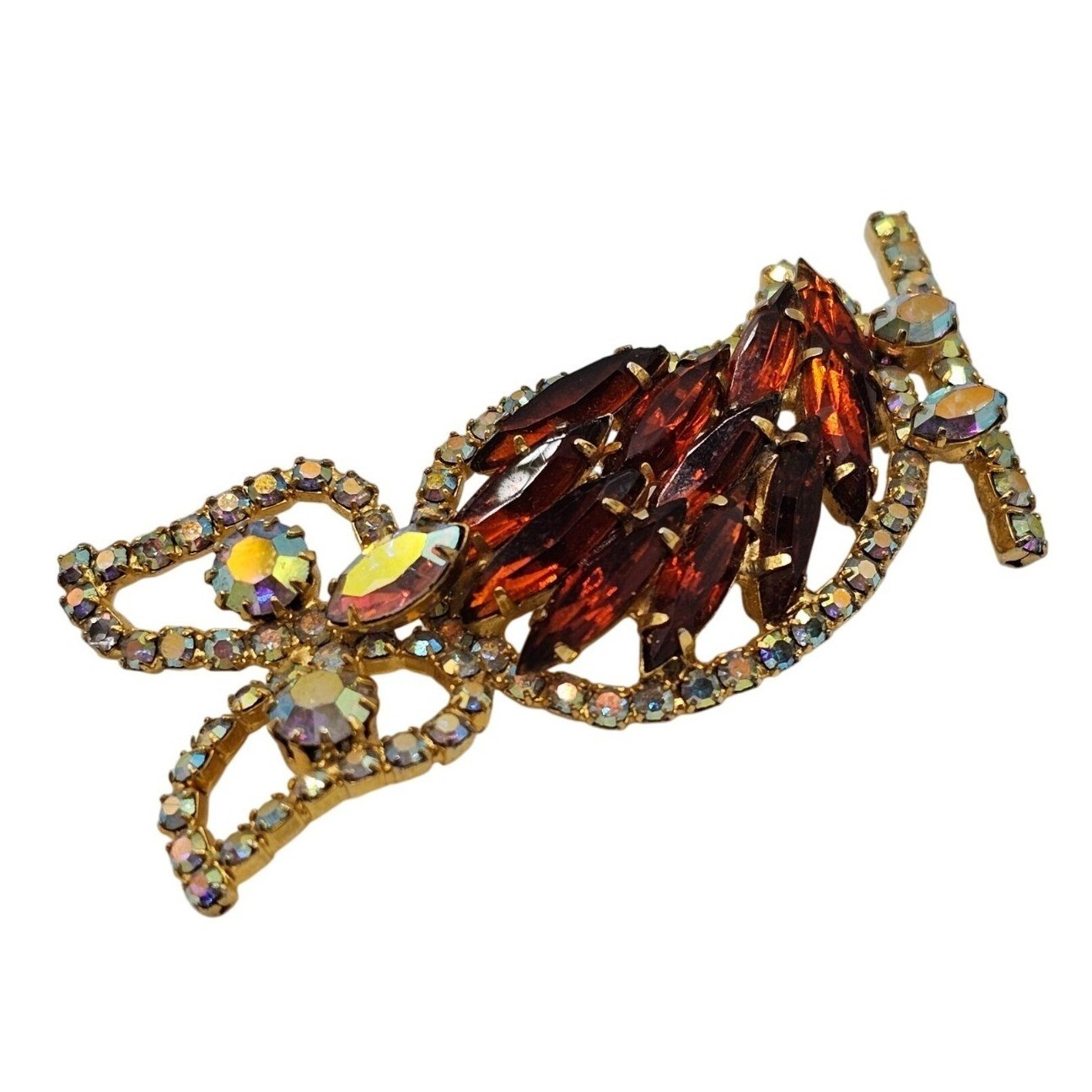Vtg Rhinestone Owl Brooch Gold Tone Aurora Borealis Figural 2.5″ Pin Woodland