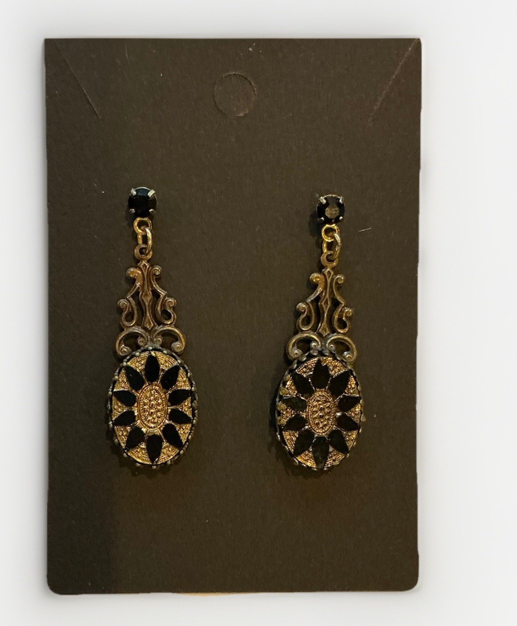 Sadie Green Vintage Reproduction Black Glass & Brass Filigree Drop Earrings-GUC