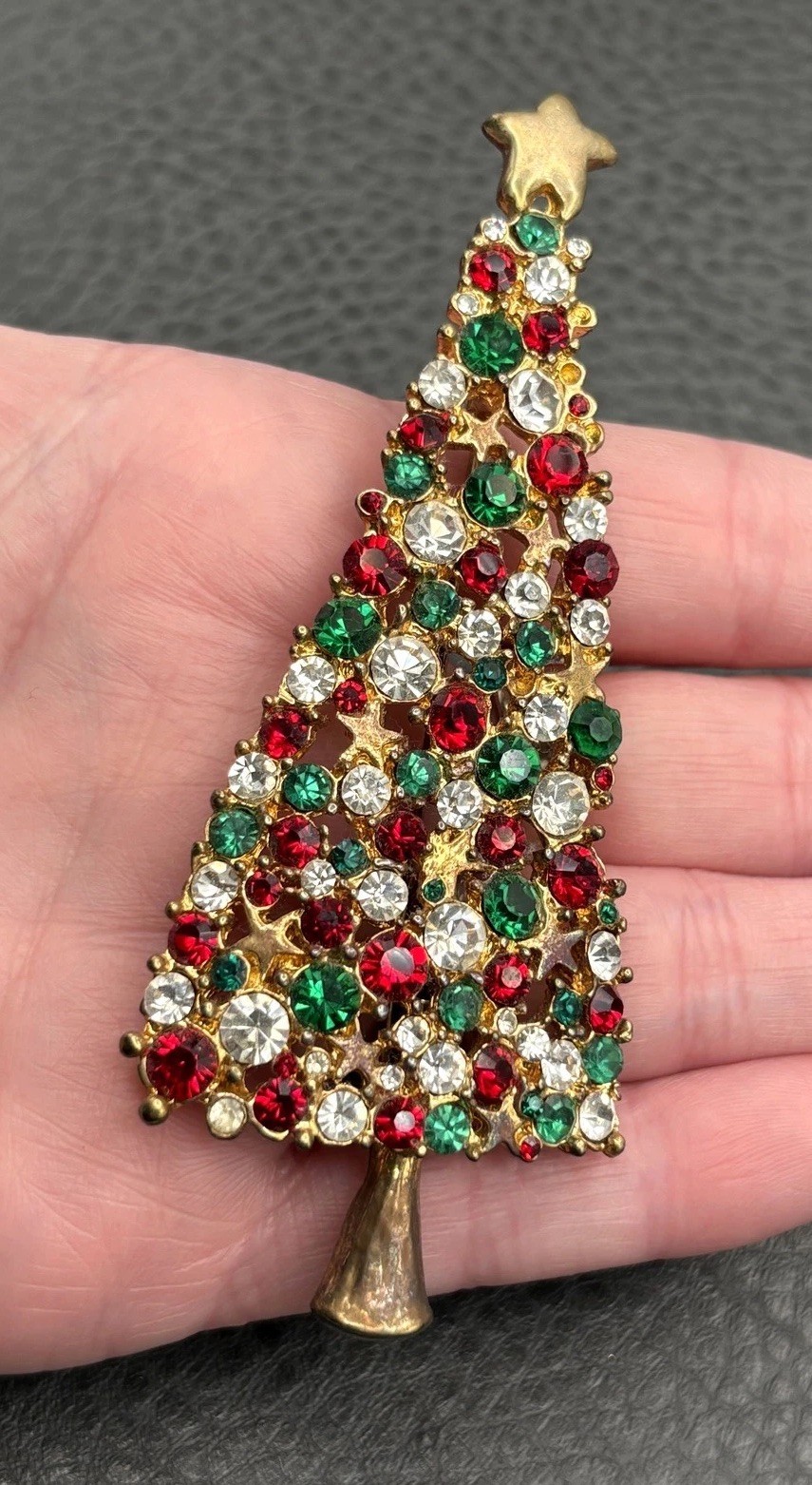Vintage Large Gold Tone Christmas Tree Brooch Red Green Clear Rhinestone Pin