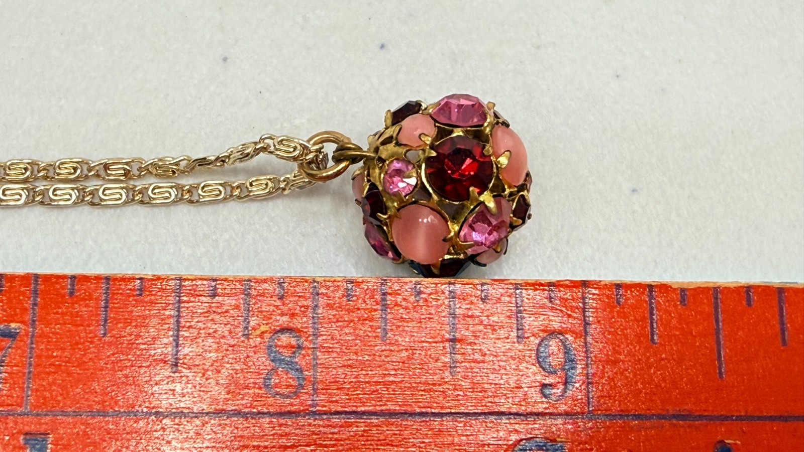 Vintage Necklace Choker Germany Disco Ball Style Pink Gemstones Gold Tone Chain