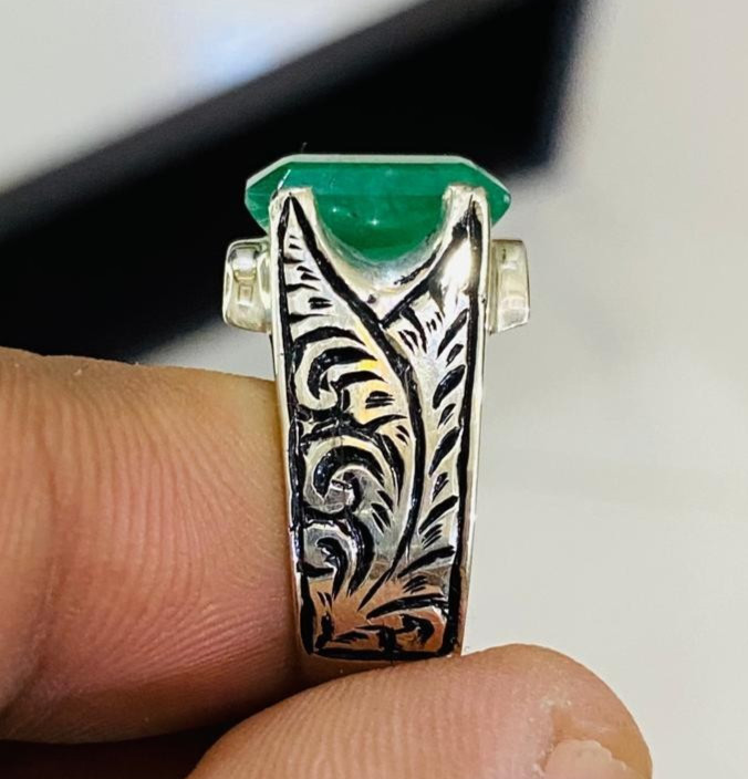 Original Zamurd Stone, Emerald Cut, Handmade Ring, Silver 925, Engraved Artisan