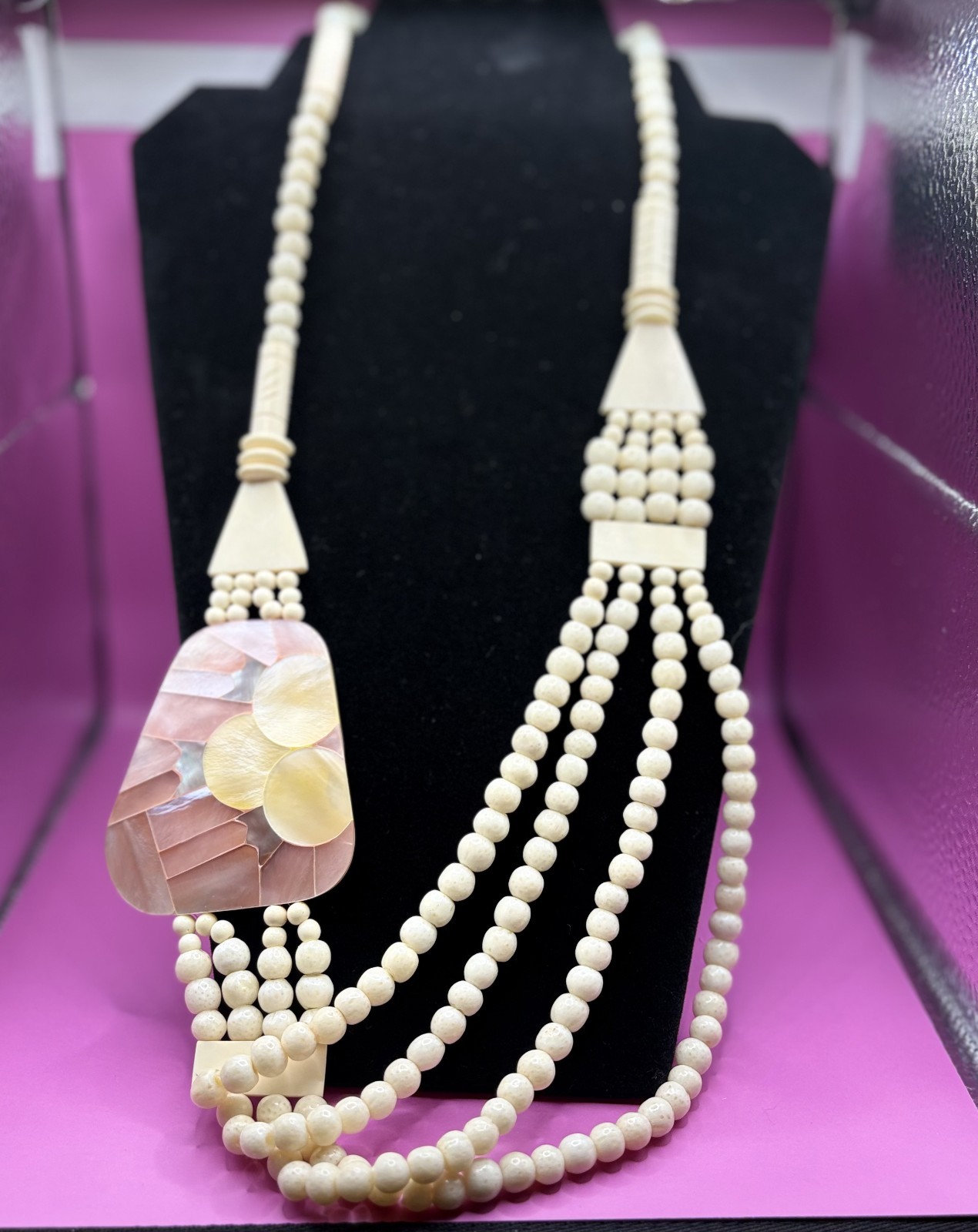 Vintage Bone Bovine Necklace Hand Carved Beaded 4 Strand