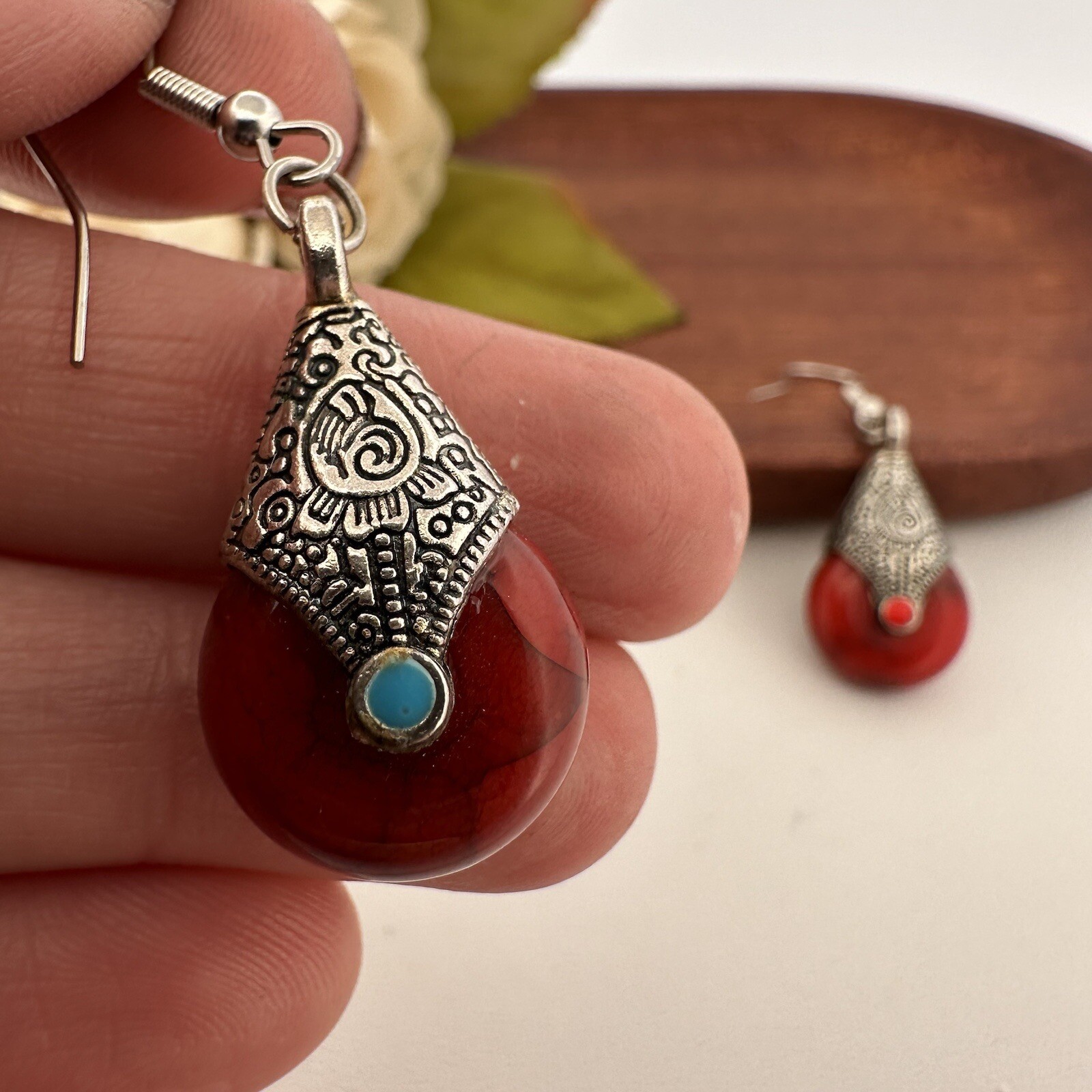 VINTAGE ~ SILVER TIBETAN RED BEAD EARRINGS ~ TURQUOISE BOHO ETHNIC PIERCED HOOKS
