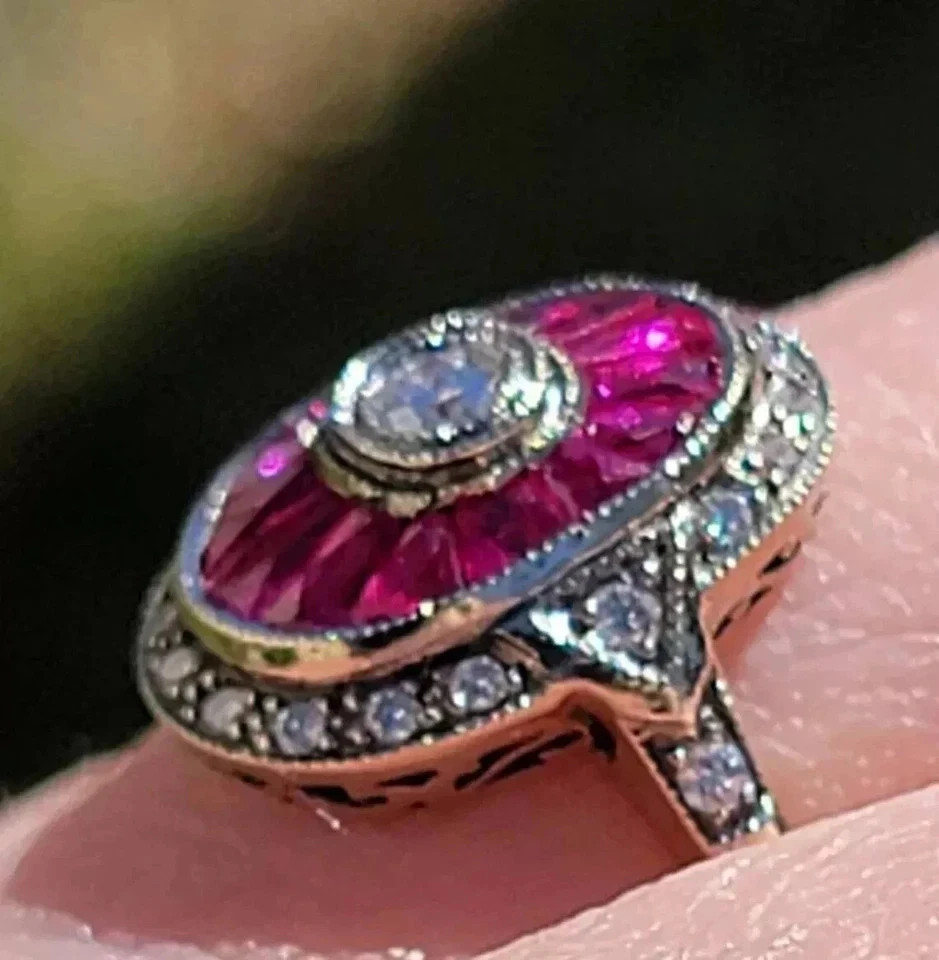 Art Deco Style Lab Created Diamond & Ruby Anniversary 14K White Gold Finish Ring