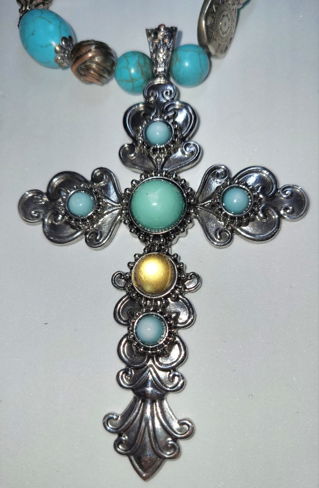 Faux Turquoise Cross Statement Necklace 17″ + Extender Very Good Condition