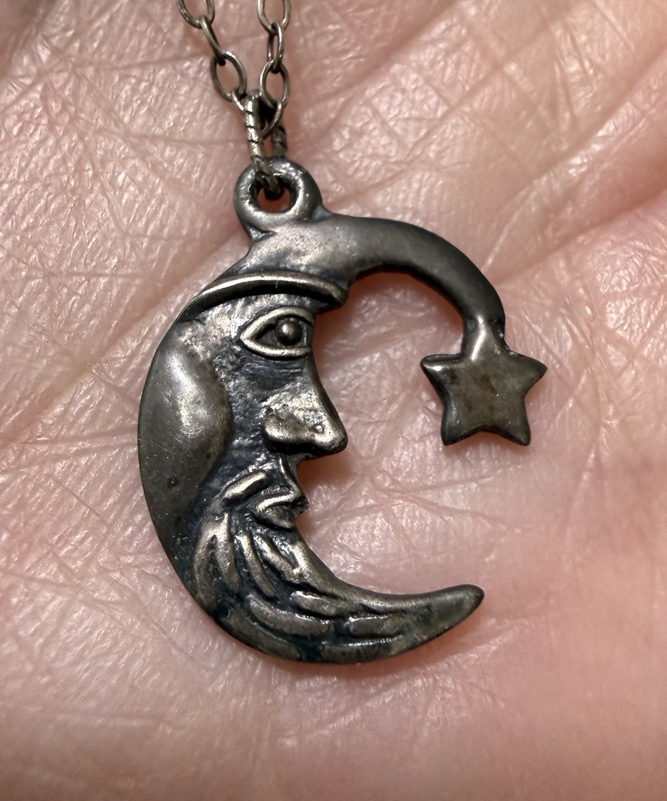 Vintage Celestial Sterling Silver Crescent Moon Face in Wizard Star Hat Necklace