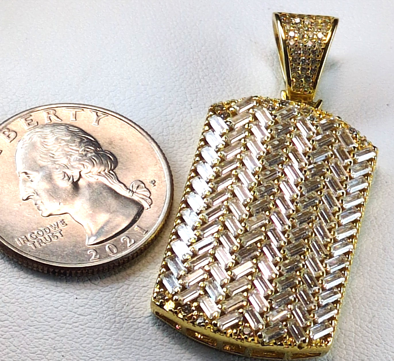 Designer FZN 925 Gold Over Sterling Silver Dog Tag Pendant Gold Baguette CZ