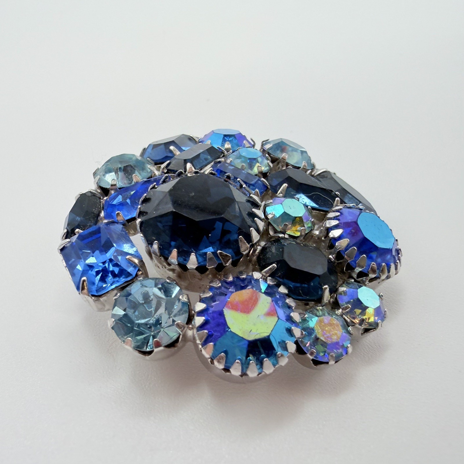 Signed Weiss Blue Aurora Borealis Rhinestones Brooch Pin Embellished Prong Set