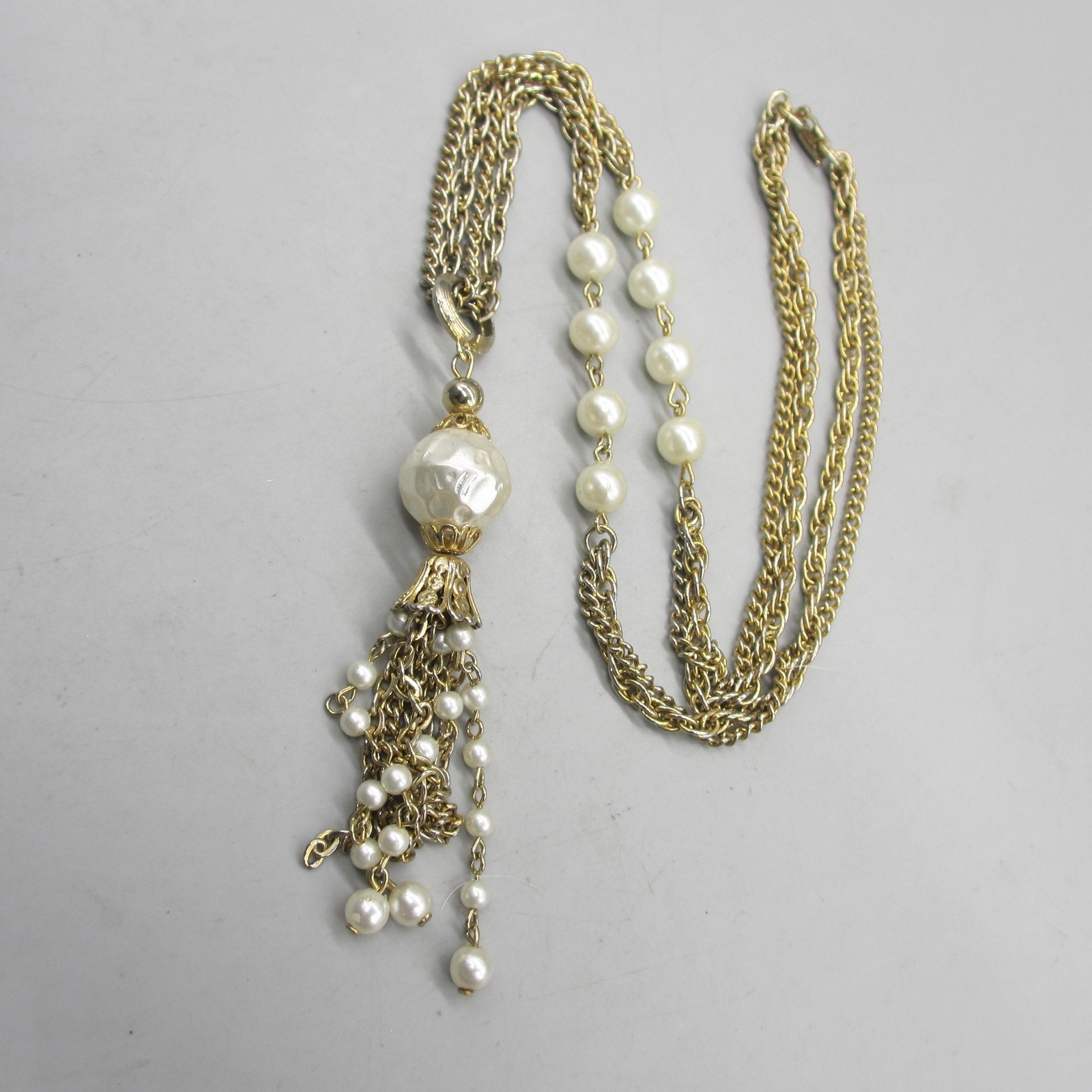 Vintage Tassel Necklace MCM Simulated Pearl Gold Tone 22 Inch