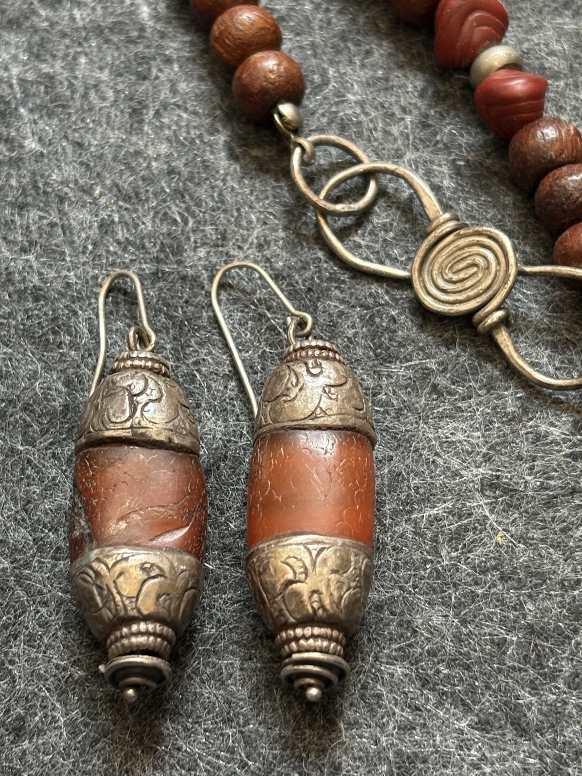 Vintage Tibetan Nepal Beaded Stone Necklace Earrings 925 Sterling Beads Clasp
