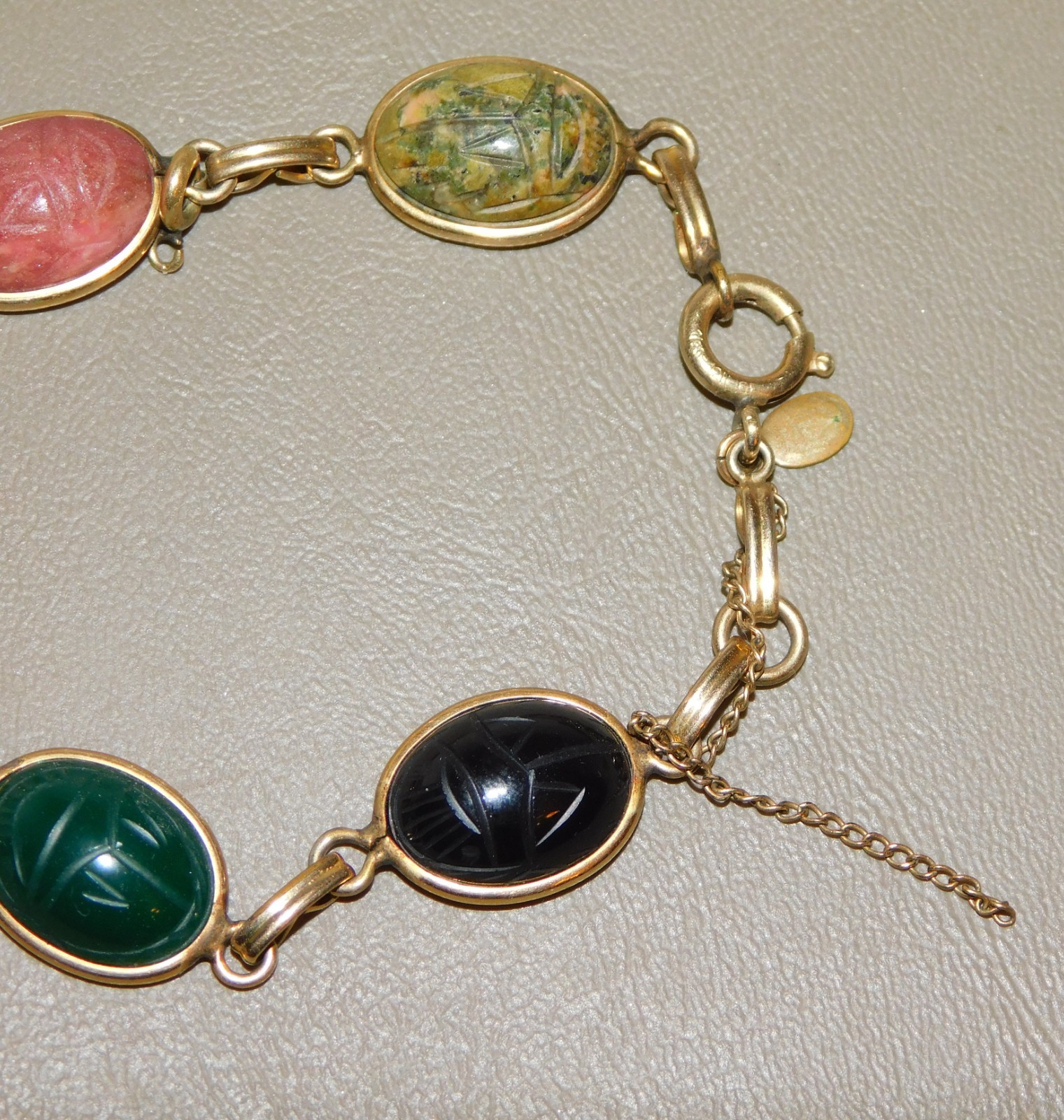 Bal-Ron Signed 5 Multicolor Scarab Link Bracelet 1/20 12k GF 7.50” L Vintage