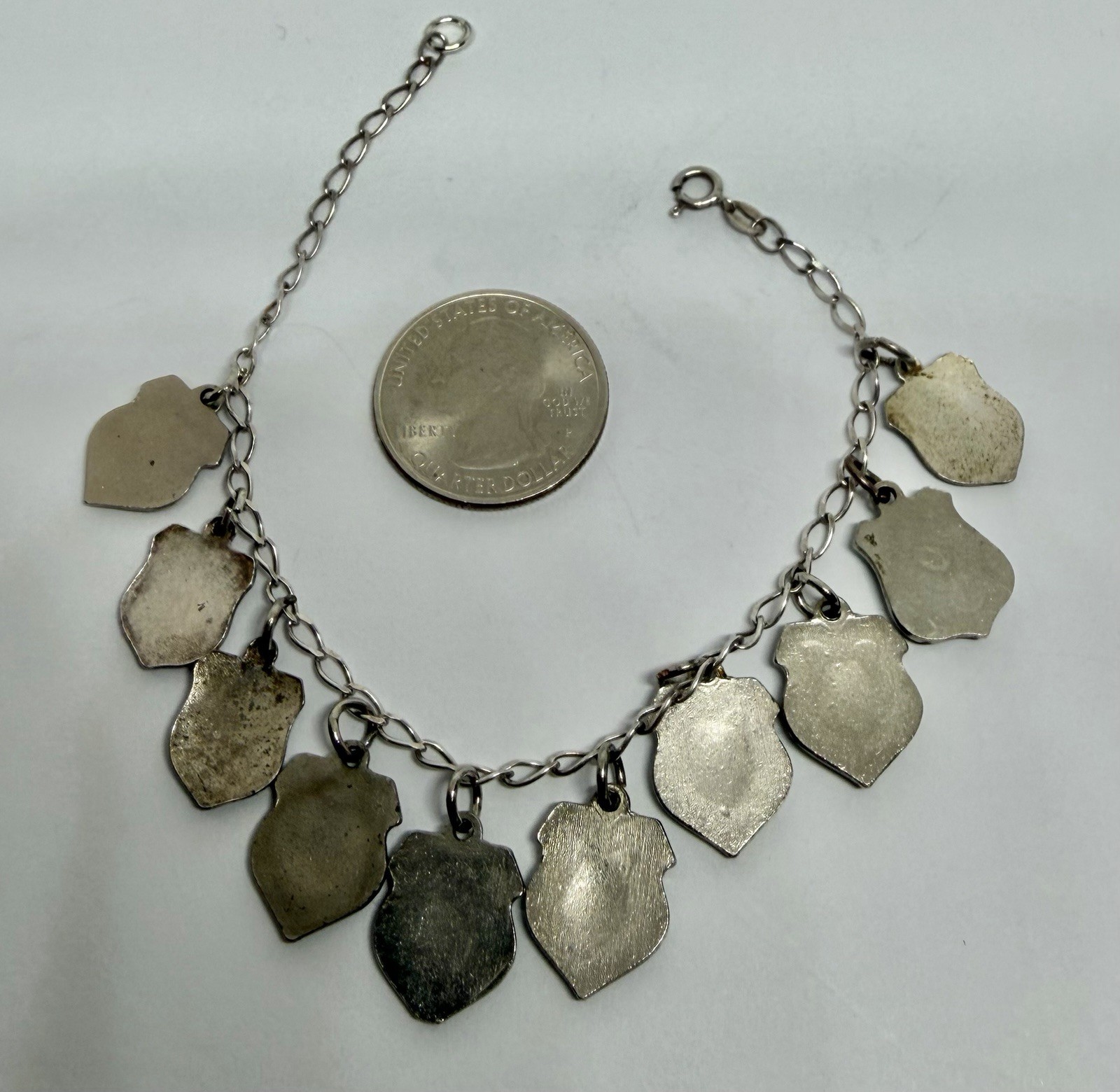 Vintage 10 Australia Tourist Historical Sites Shield Charms 925 Bracelet 7 3/4”