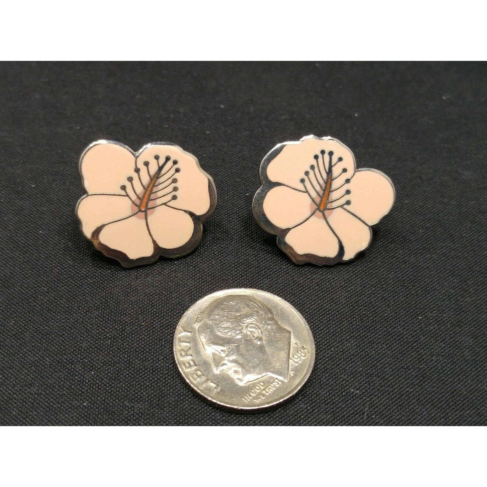 Laurel Burch “Hibiscus” Pink Post Earrings, Rhodium Plated Silver Tone, 1980s