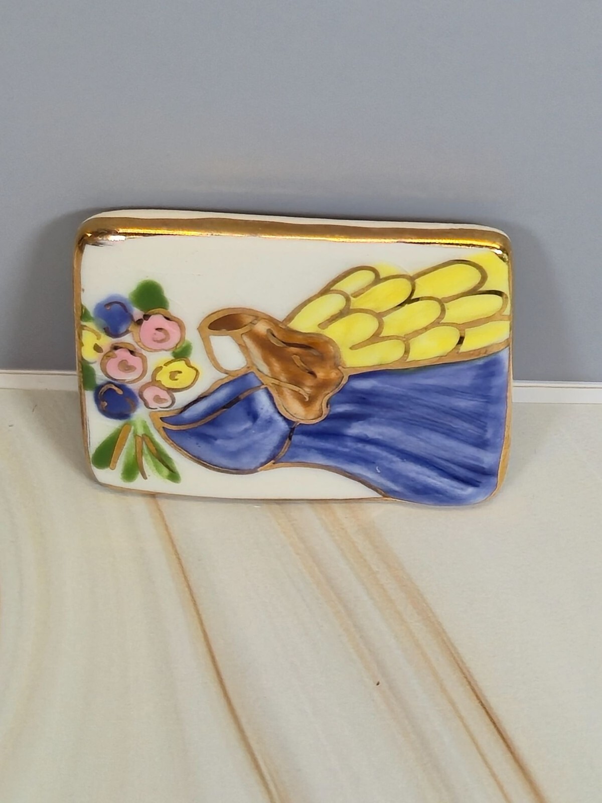 Ceramic Brooch Angel Hand-painted Watercolor Gold Gild Floral Vintage Jewelry…