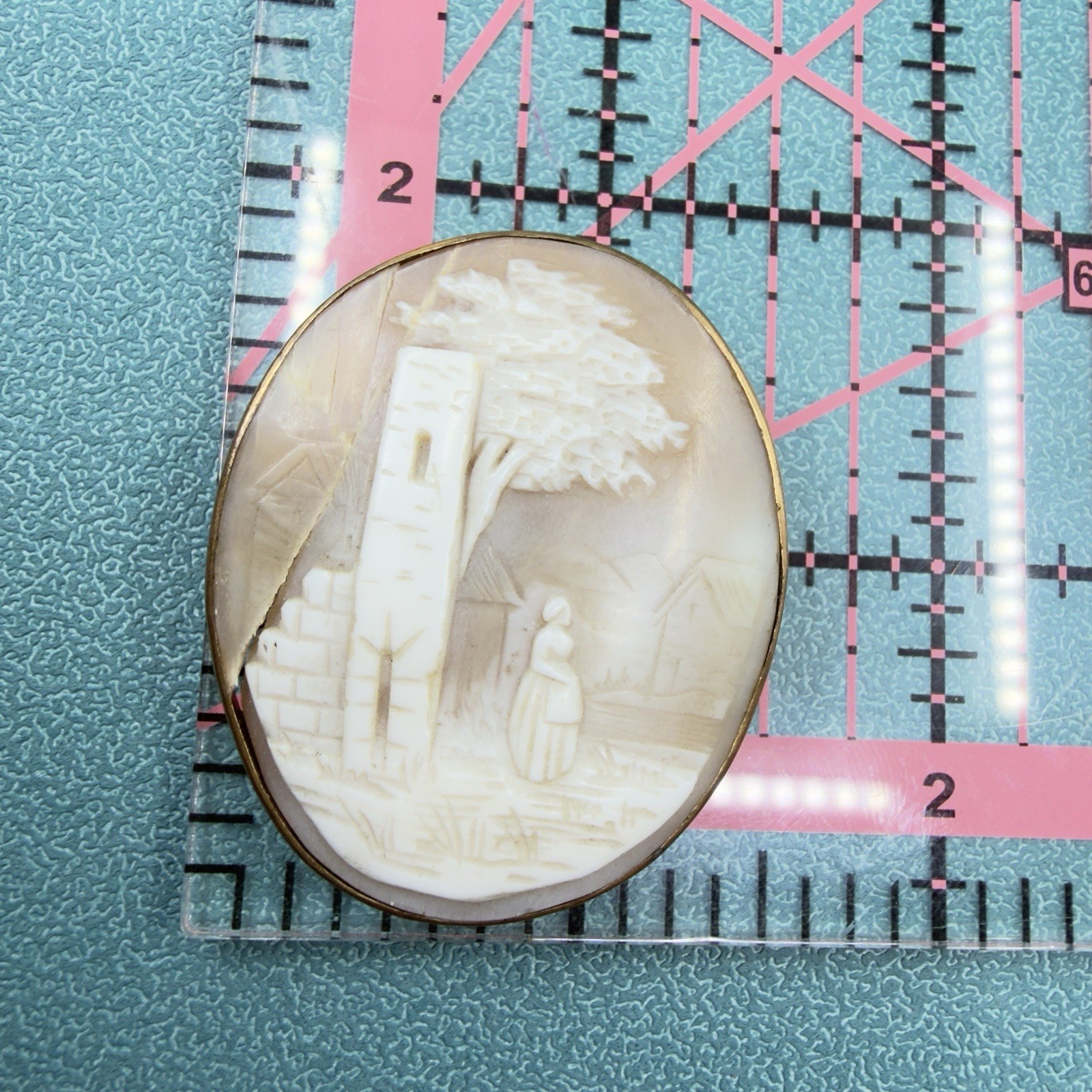 Antique VICTORIAN Carved Scenic Rebecca At The Well Shell CAMEO Brass Brooch Pin