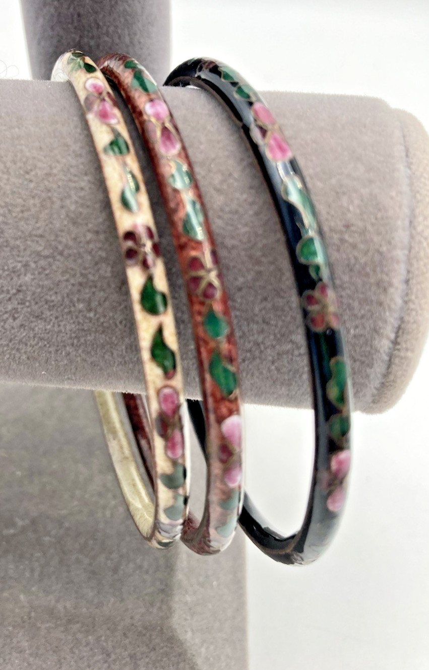 Chinese Cloisonne Enamel Bracelets (Lot of 3) Floral Design Vintage