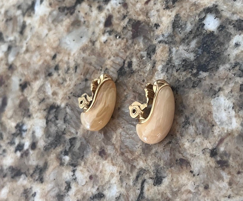 Vintage Monet Signed Cream Yellow Gold Acetate Drop Curved Clip On Earrings