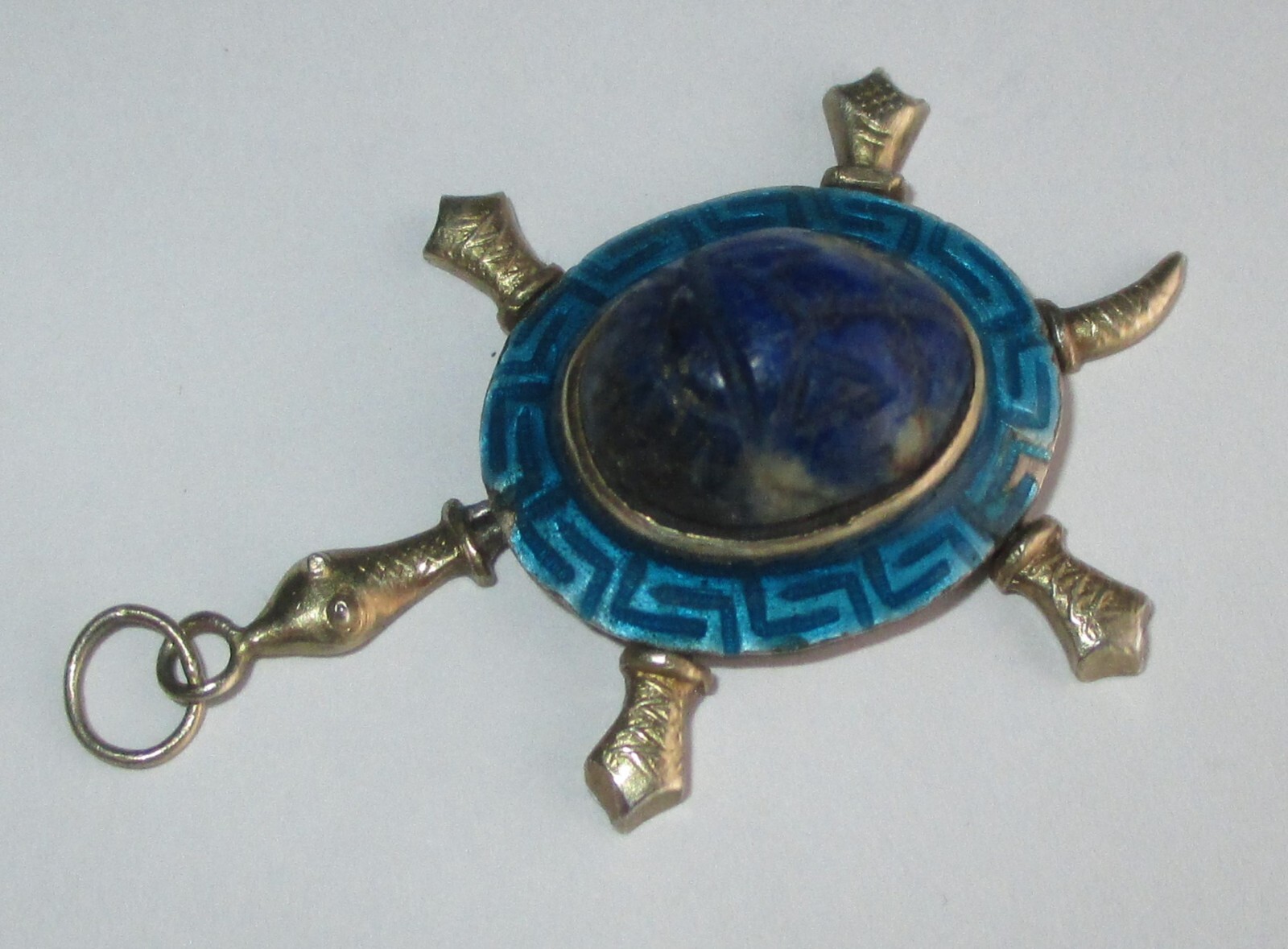 VINTAGE STERLING SILVER EGYPTIAN REVIVAL CARVED LAPIS SCARAB ARTICULATED TURTLE