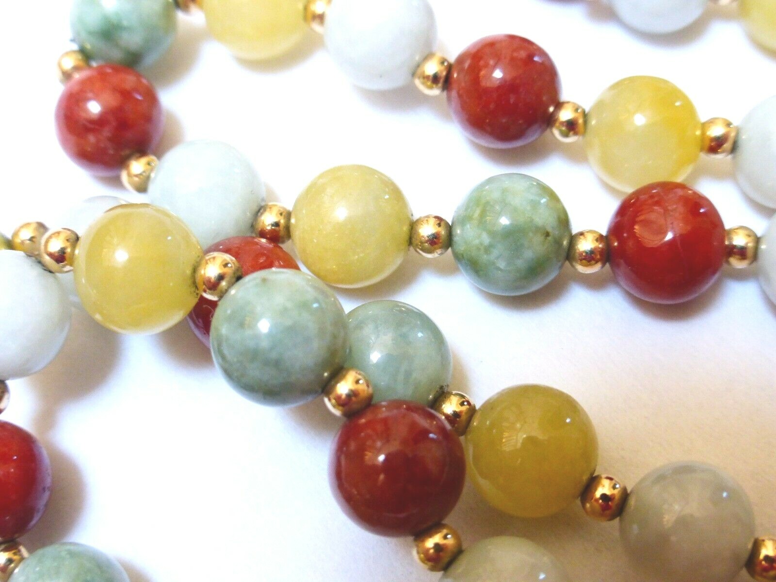 Vintage Chinese 14K Solid GOLD Multi-Color Jade 8mm Beads Necklace 28″, no clasp