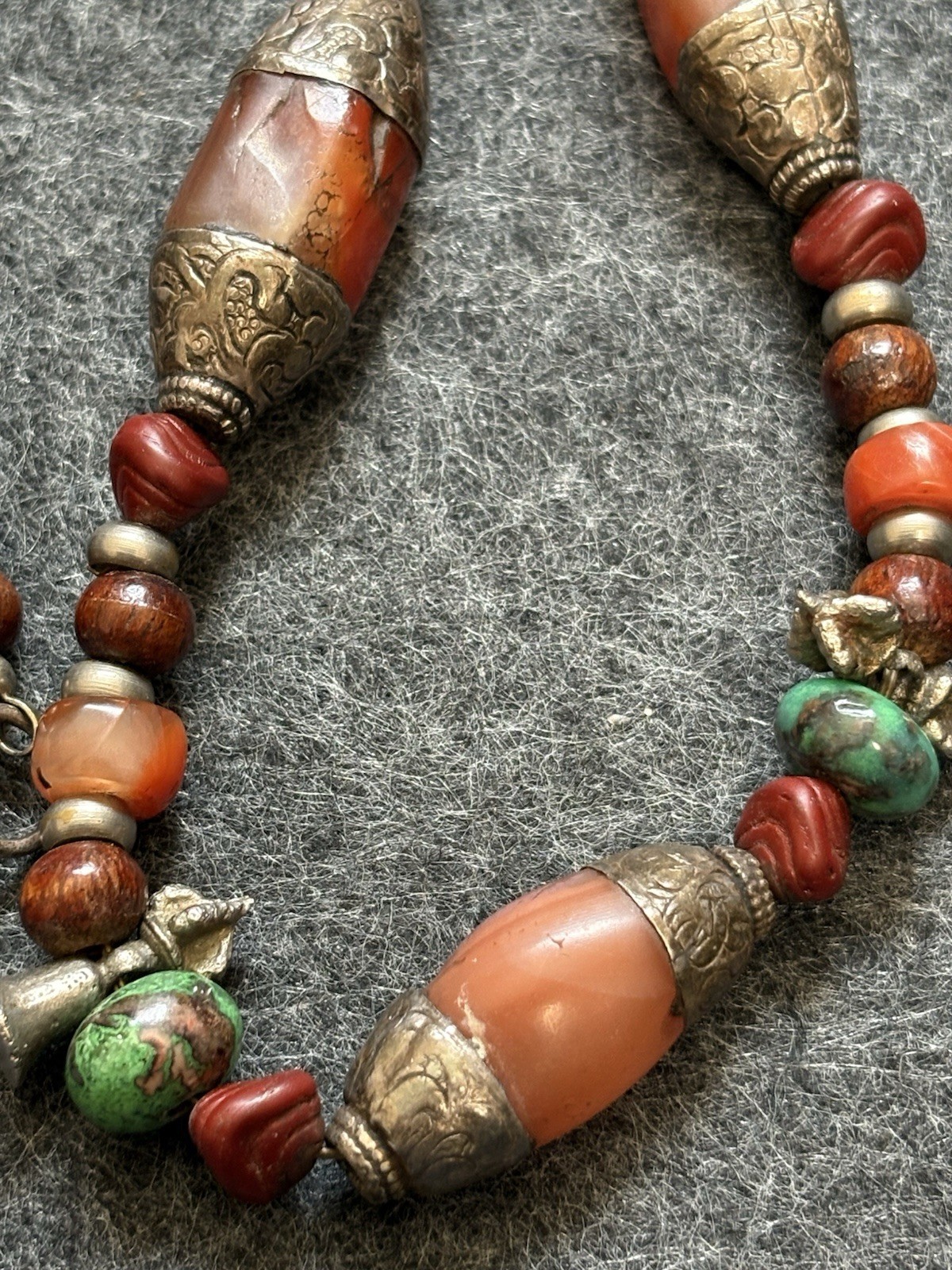 Vintage Tibetan Nepal Beaded Stone Necklace Earrings 925 Sterling Beads Clasp