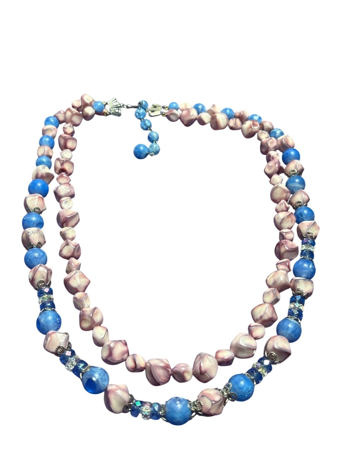 Vtg 2 Strand Plastic Beaded Necklace Pink Blue AB Silvertone Hooks 21 in. 24 in.