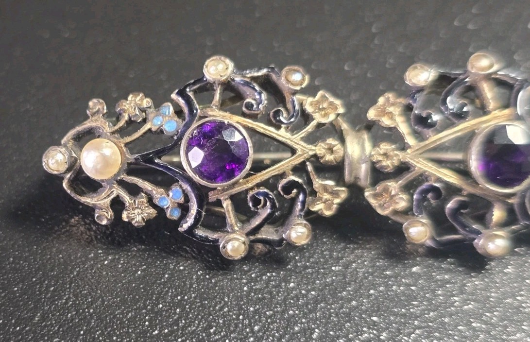 Antique Art Deco Silver Czech Glass & Seed Pearl Enamel Brooch