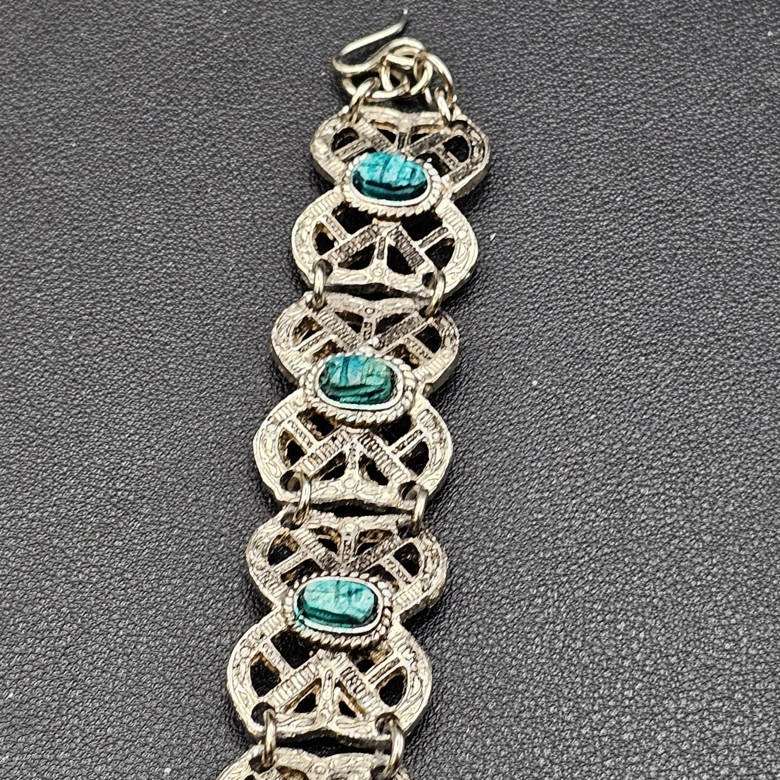 Vintage Egyptian Style Panel Bracelet Silver Tone Teal Stone Scarabs Style #1
