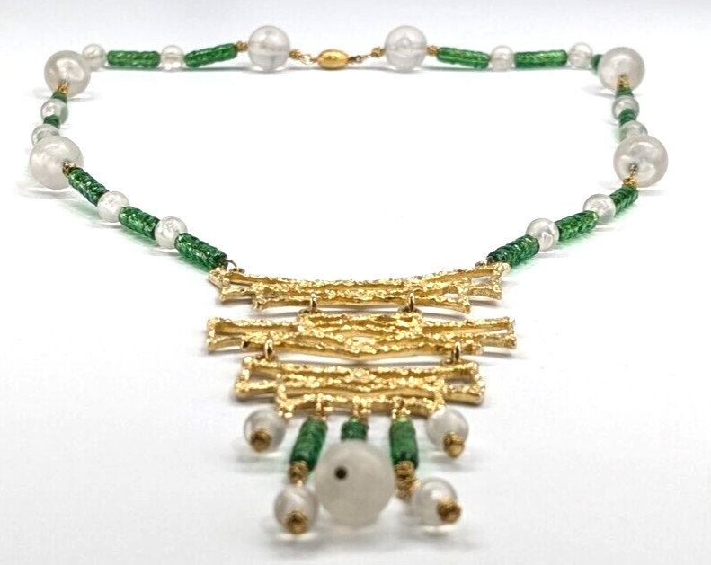 Vintage Chunky Huge Textured Gold Tone Pendant Faux Jade Asian Beaded Necklace