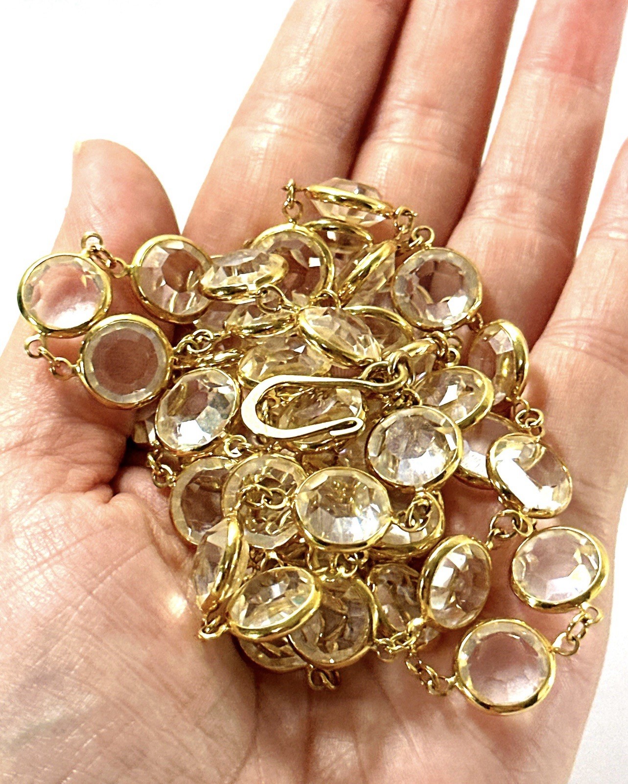 Vintage Swarovski Clear Crystal Station Necklace Gold Tone Open Back Bezel 34”