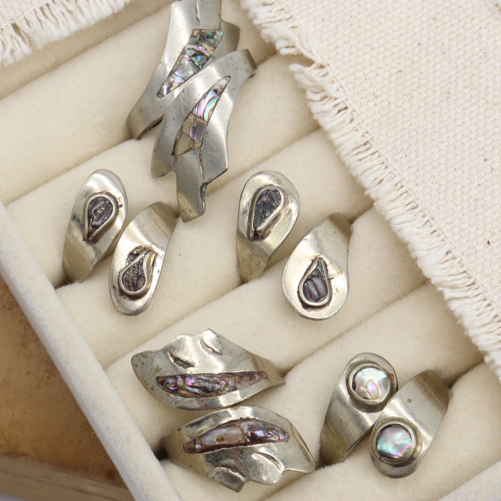 Vtg Mexico Alpaca Abalone Inlay Ring LOT 5 Wrap Shell Silver Metal Tone Mexican