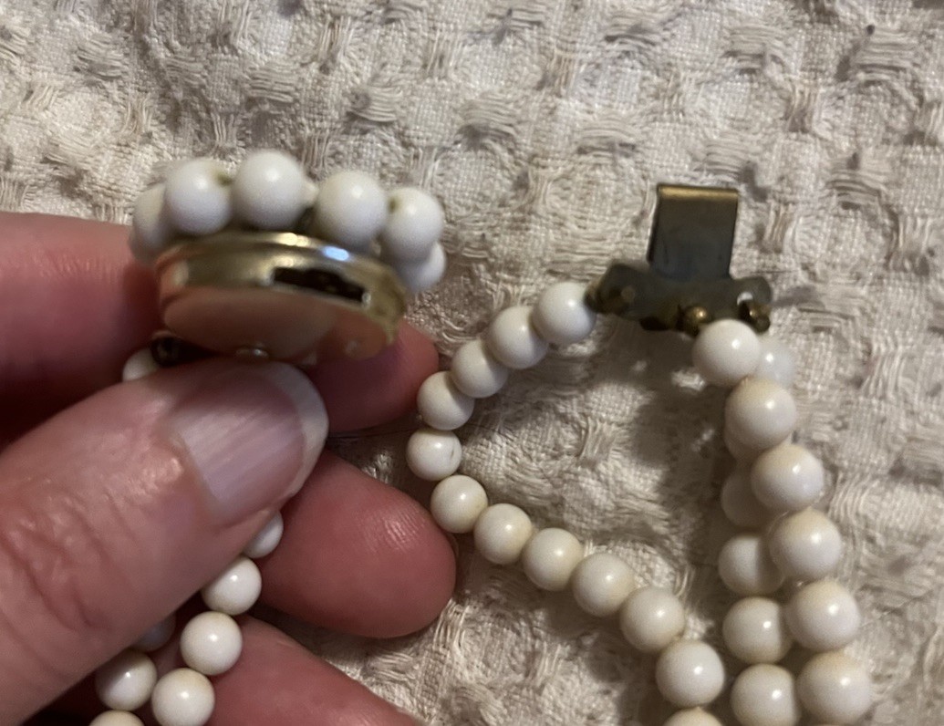 Vintage Costume Jewelry Set Bracelet Clip On Earrings White Beaded Japan Retro