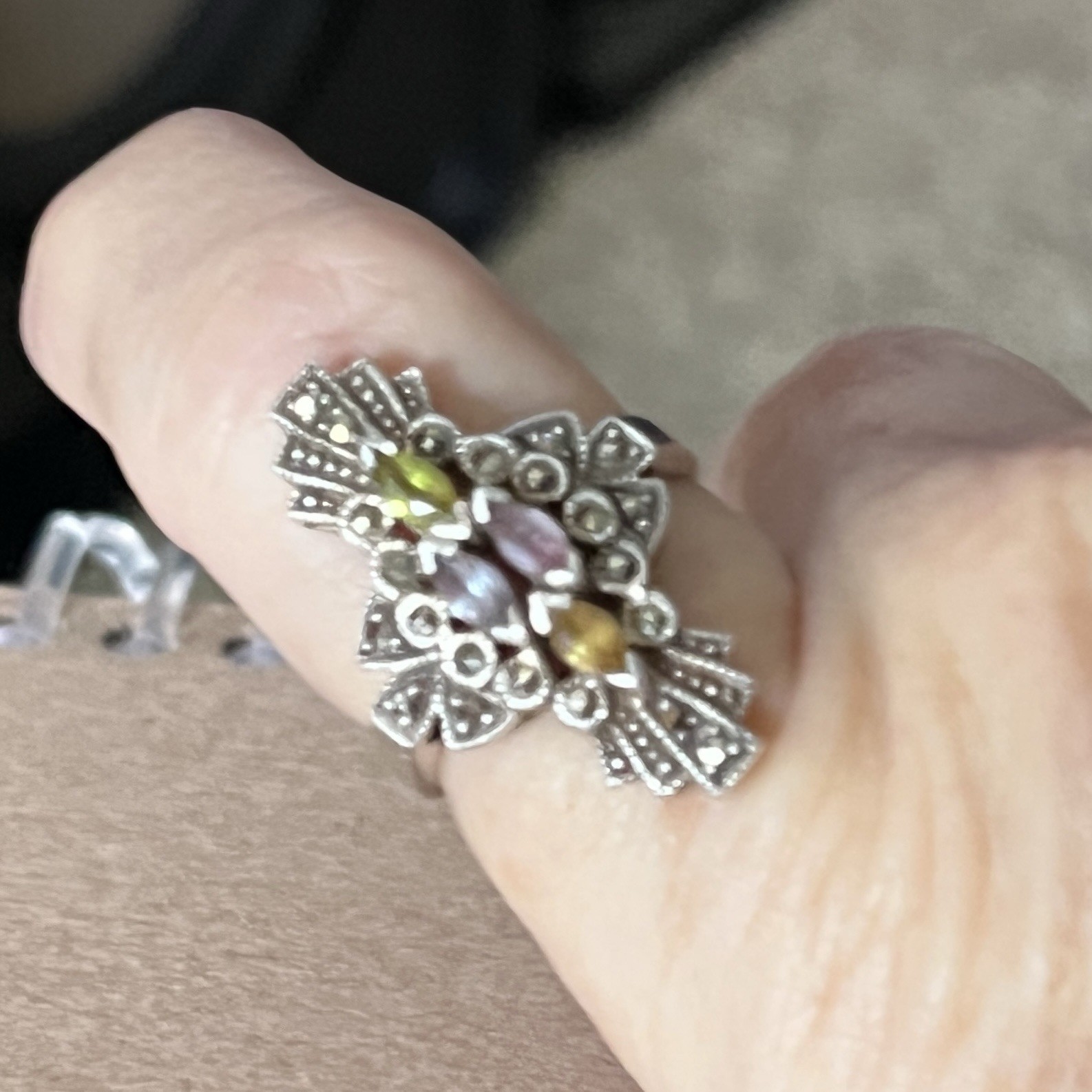 Vntg Sterling Silver Amethyst Sapphire Tourmaline Topaz & Marcasite Ring Size 6