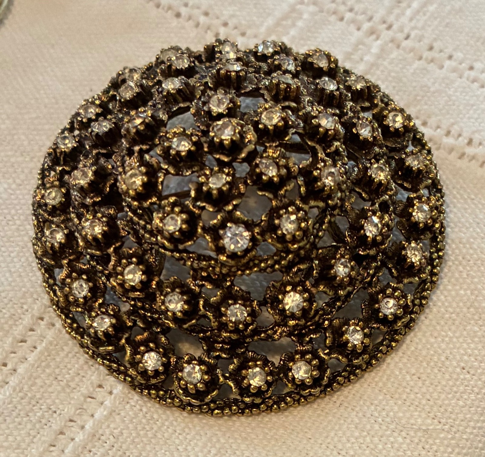 Vintage brooch, domed layered brooch, bronze color, rhinestone PRICE REDUCED