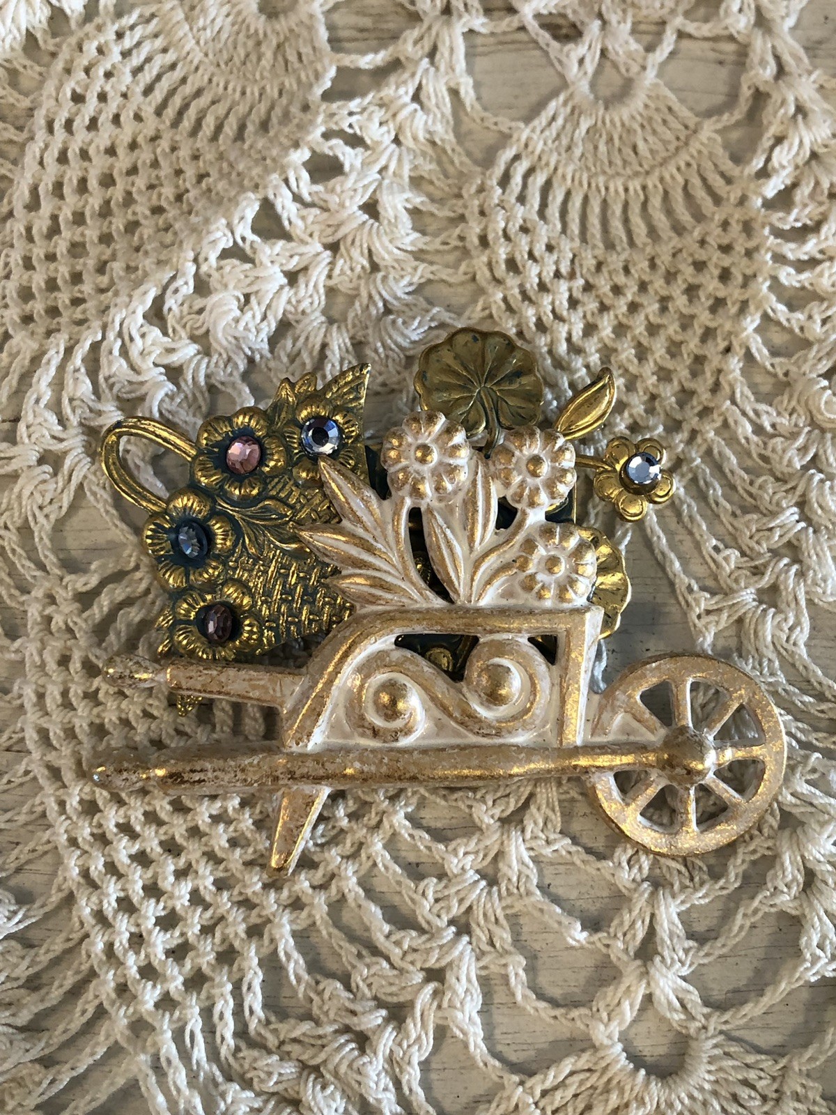 Two Vintage Brooches Flower Wheelbarrow & Iridescent White Cat Beautiful Pins
