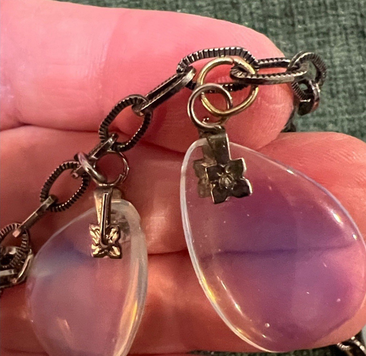 Unique Vintage French Opalescent Opaline Glass Teardrop Cha Cha Charm Bracelet