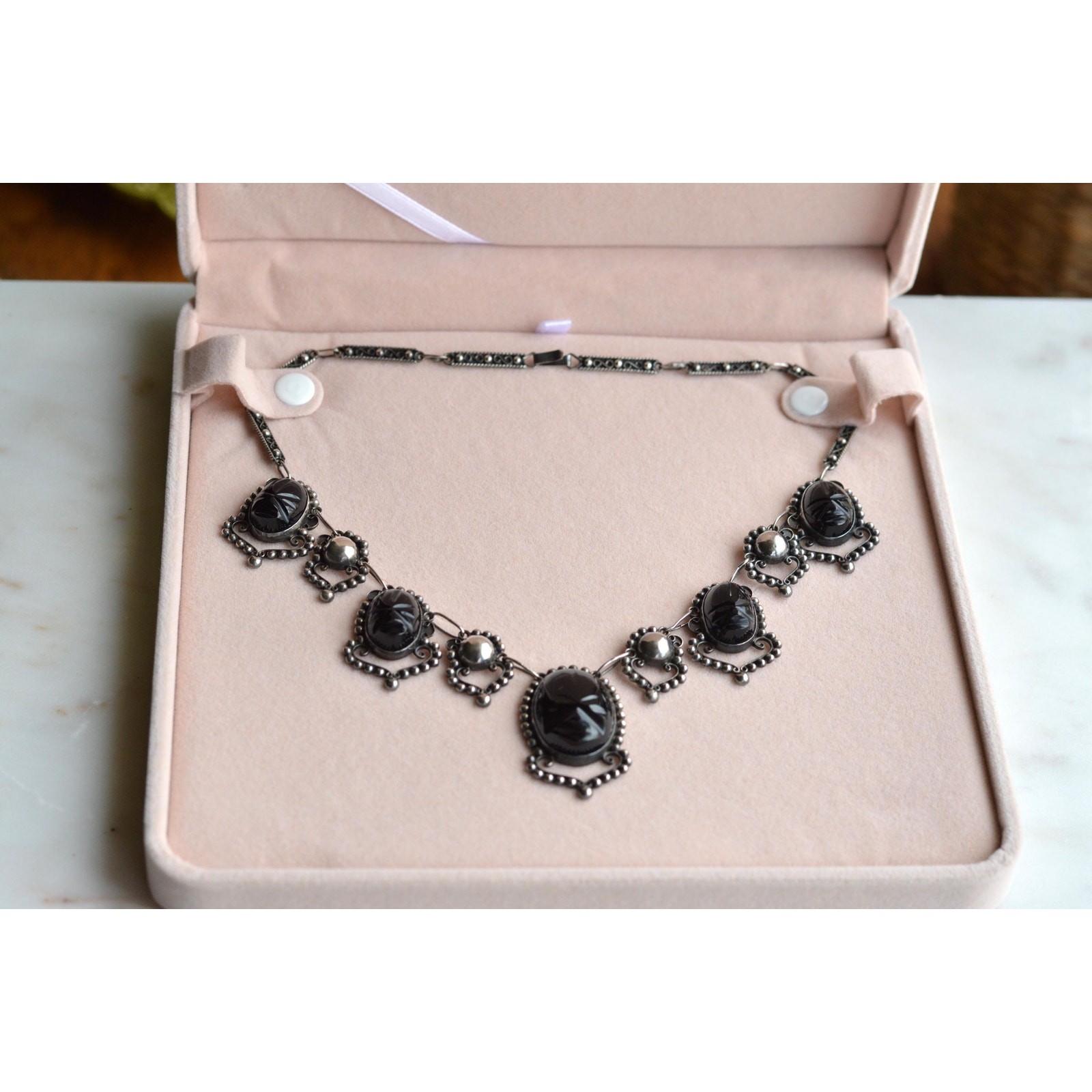 Vintage Mexican Sterling Silver Onyx Scarab Necklace – Signed JJG Co Mexico 925