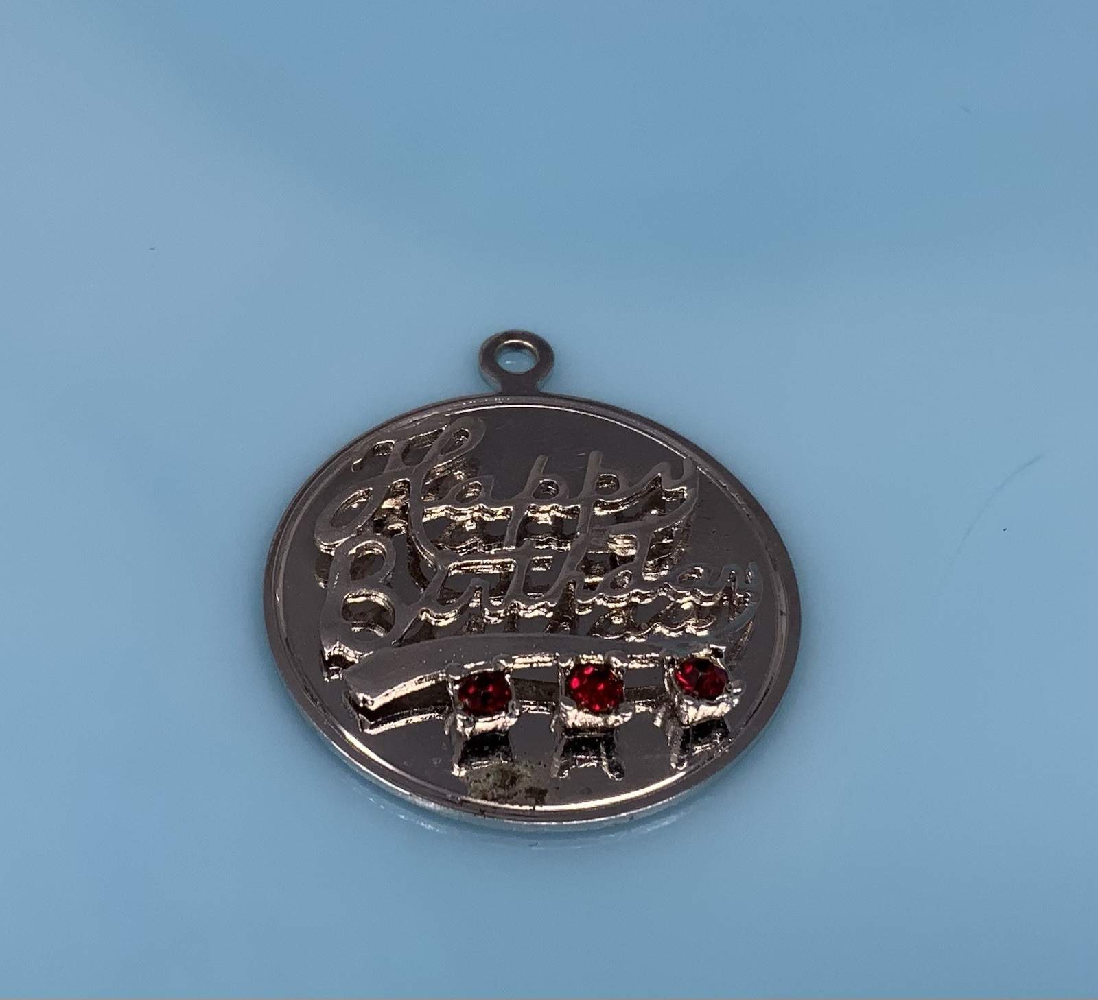 Vintage Sterling Silver Happy Birthday Red Gemstone January July Charm 5g