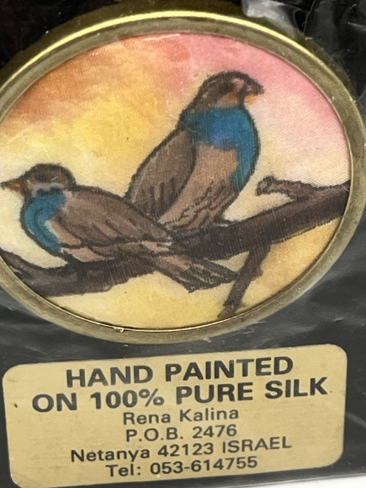 Vintage Brooch Hand Painted On Silk Pair Of Birds On A Branch Oval Shaped New