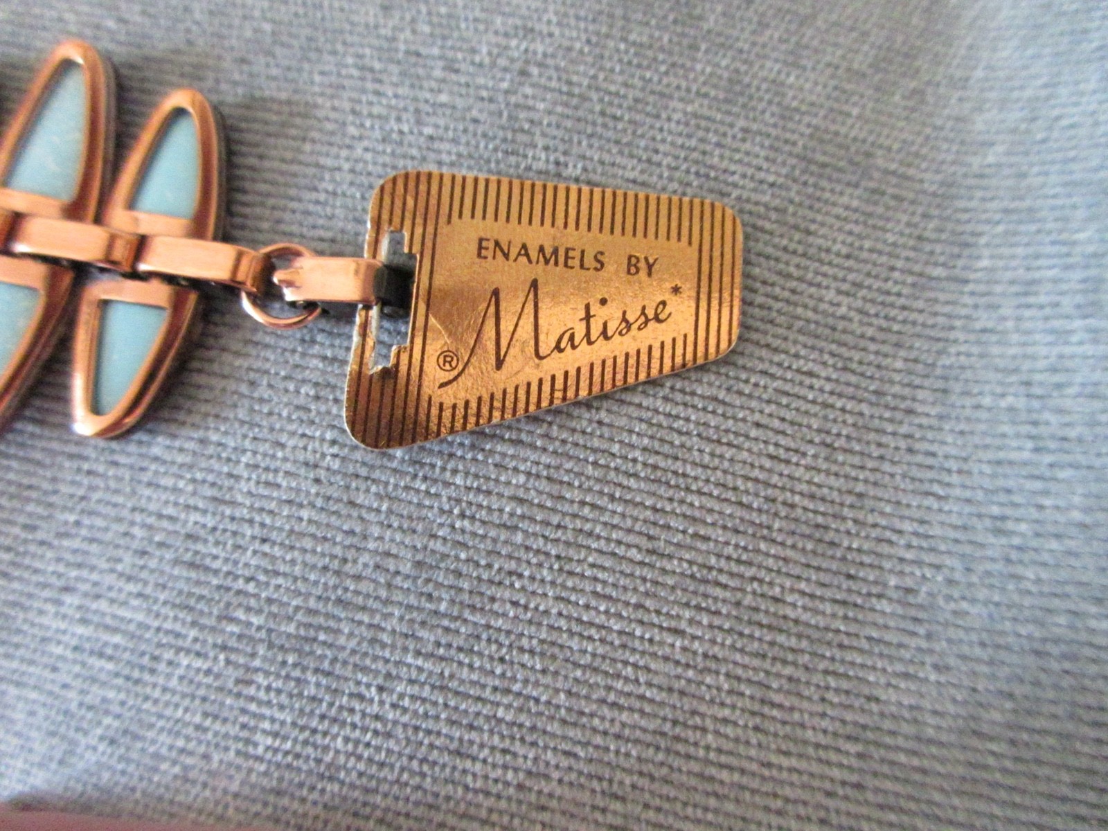 New / Old Stock – vintage signed MATISSE copper & blue enamel bracelet with tag