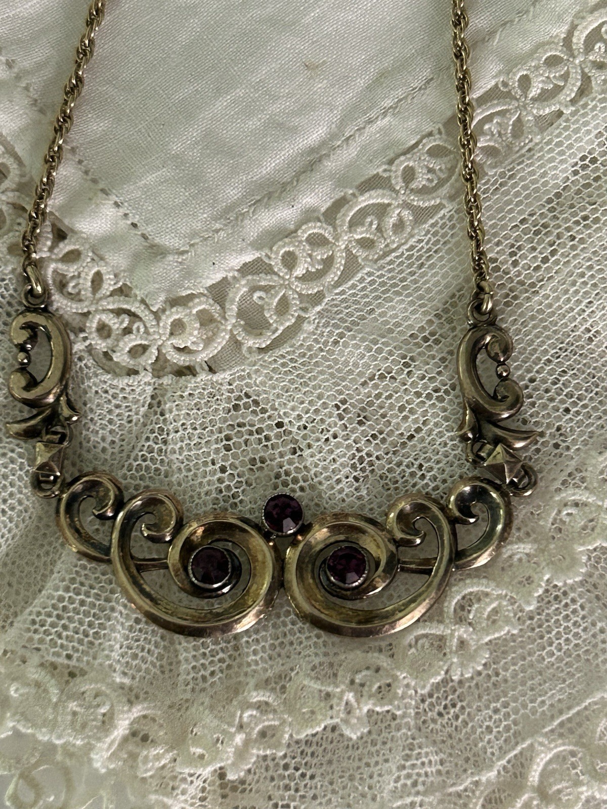 Symmetalic Vintage Sterling /14k Gold Amethyst Scroll Design Necklace