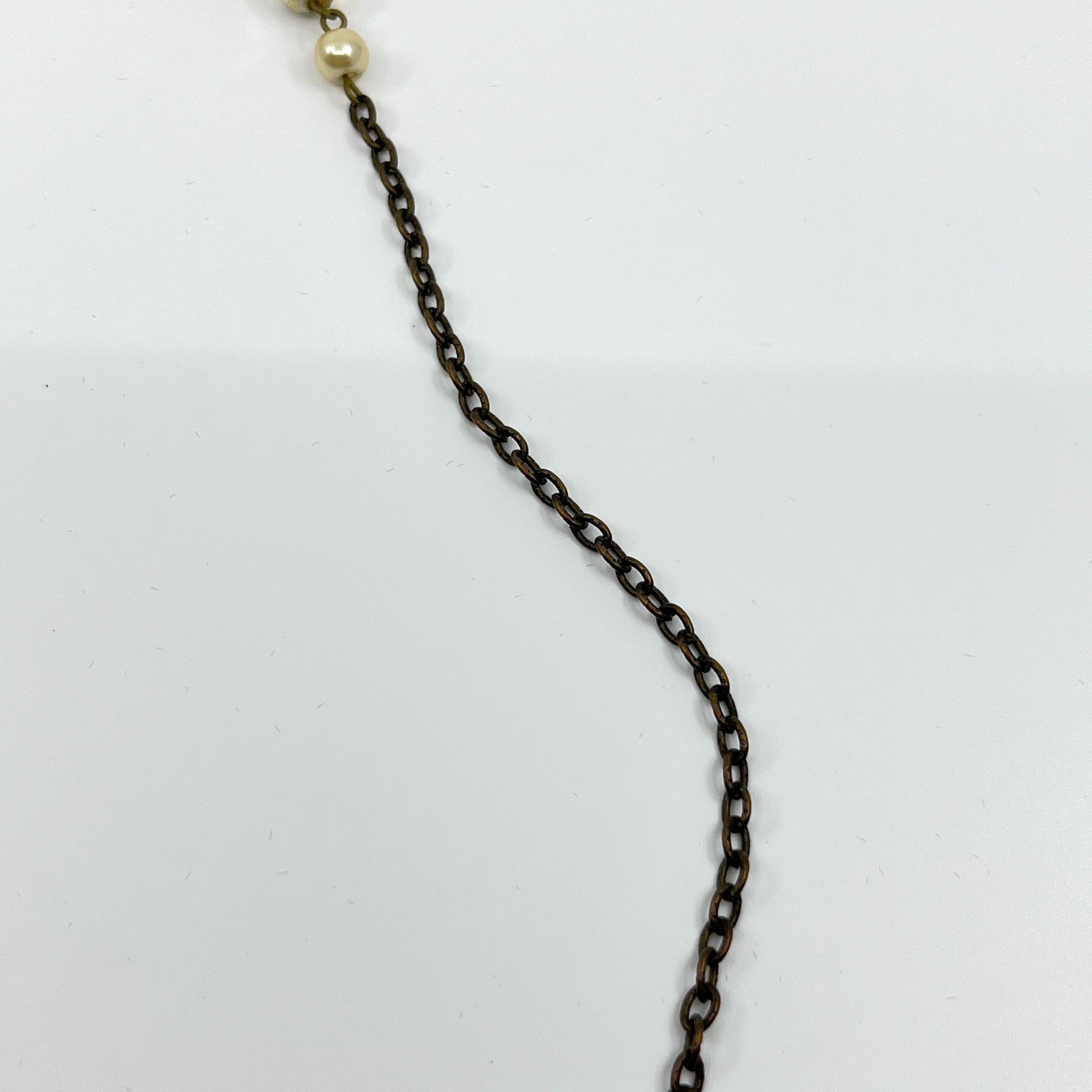 Vintage Earth Tone Beaded Necklace Green Gold Faux Pearl Bronze Tone Chain Retro
