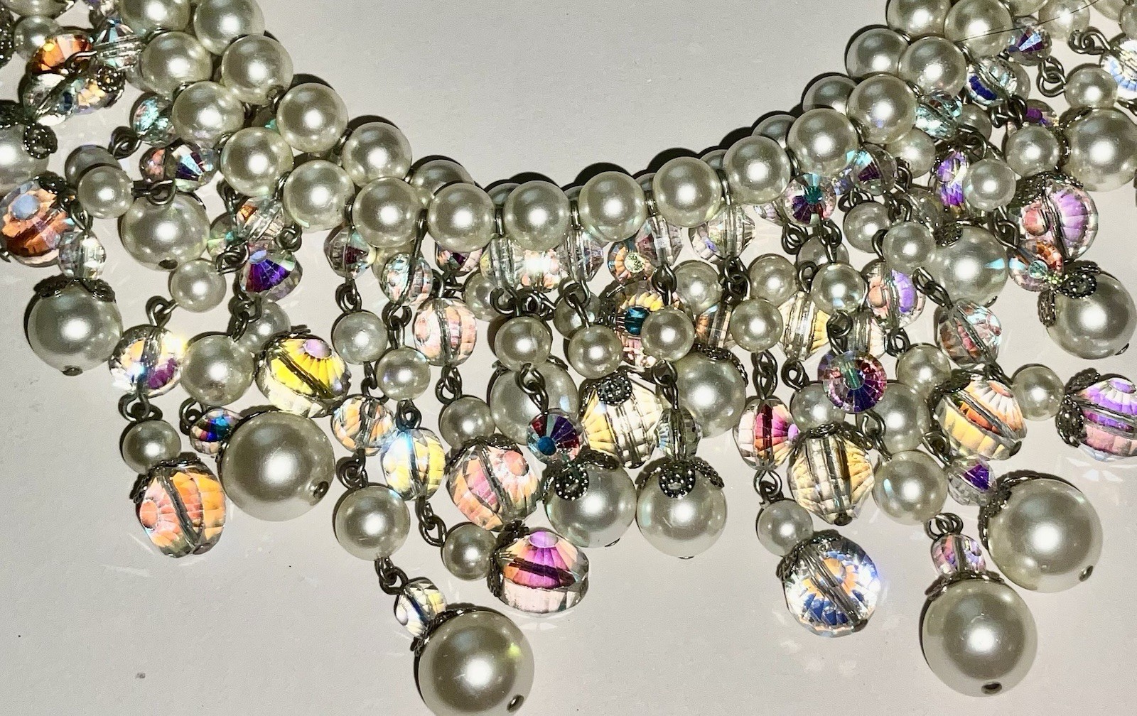 Vintage Vendome Faceted AB Glass & Faux Pearl Fringe Statement Huge Necklace